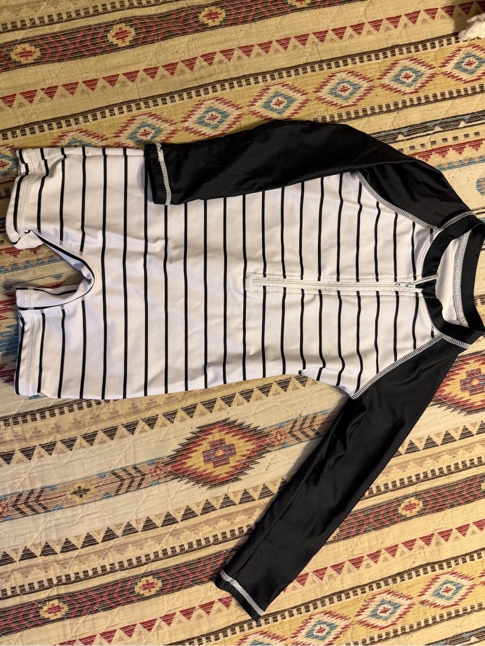 Striped White & Black Long Sleeve Swimsuit